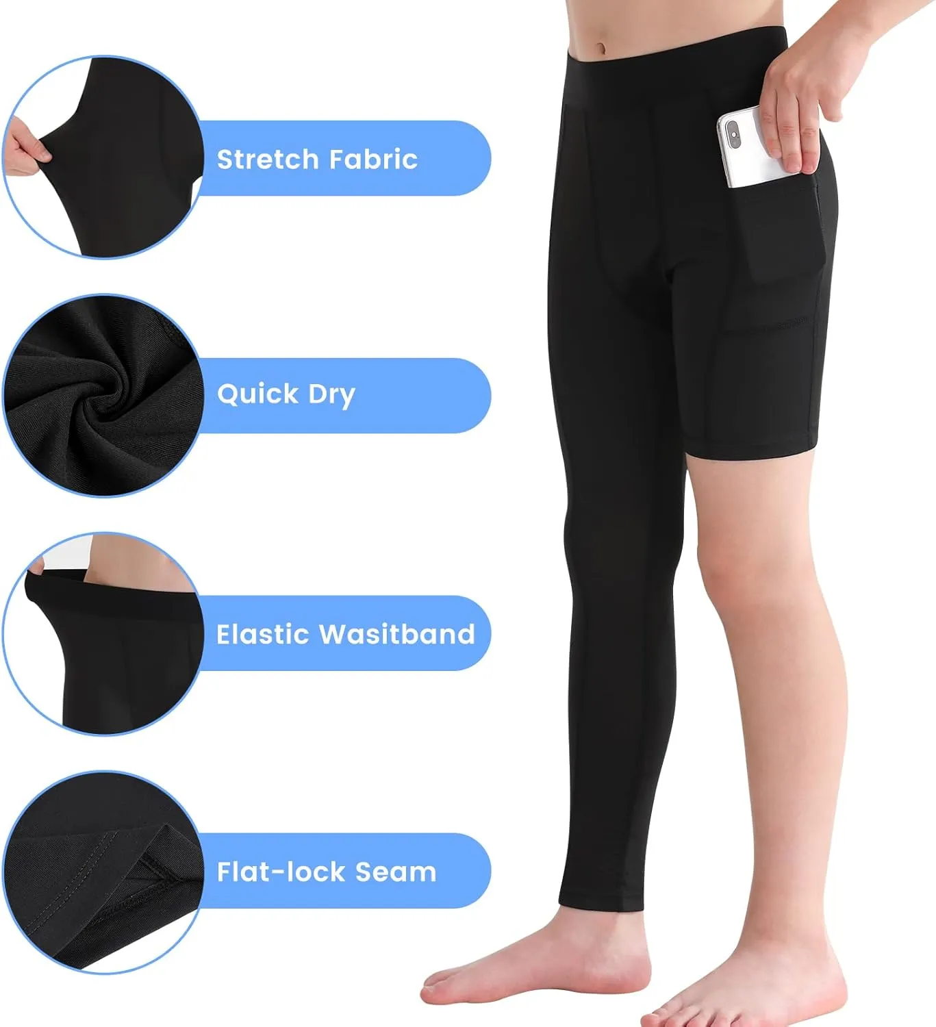 2 Pack Boys Youth One Leg 3/4 Compression Pants Tights for Basketball Running Capris Gym Athletic Base Layer Leggings