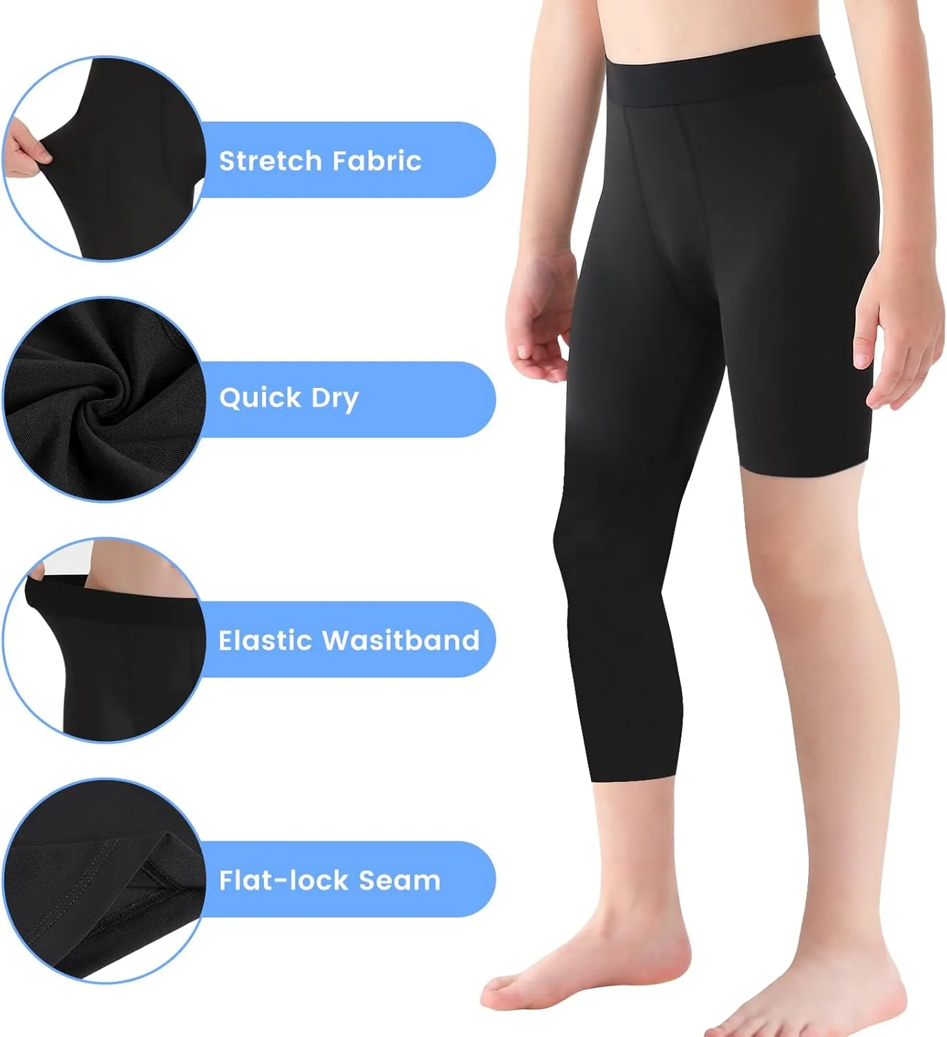 2 Pack Boys Youth One Leg 3/4 Compression Pants Tights for Basketball Running Capris Gym Athletic Base Layer Leggings