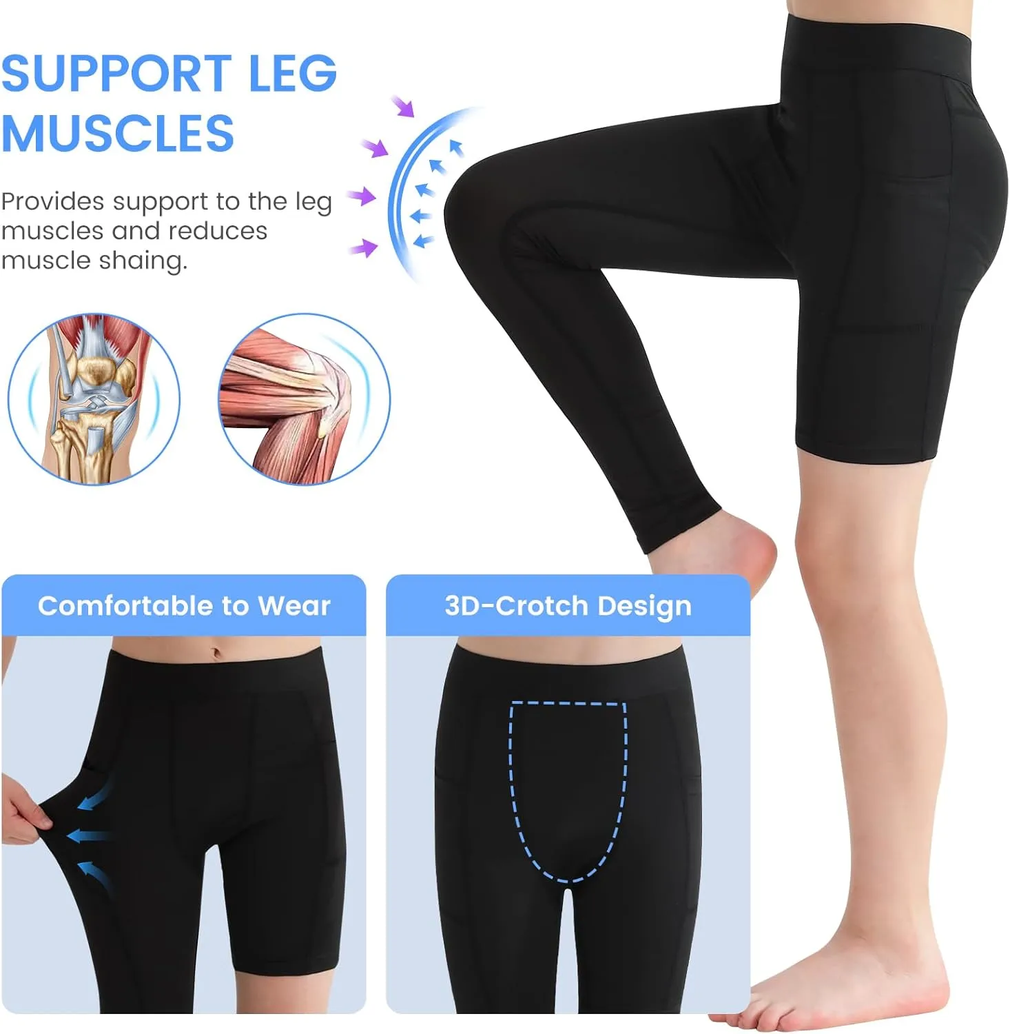 2 Pack Boys Youth One Leg 3/4 Compression Pants Tights for Basketball Running Capris Gym Athletic Base Layer Leggings