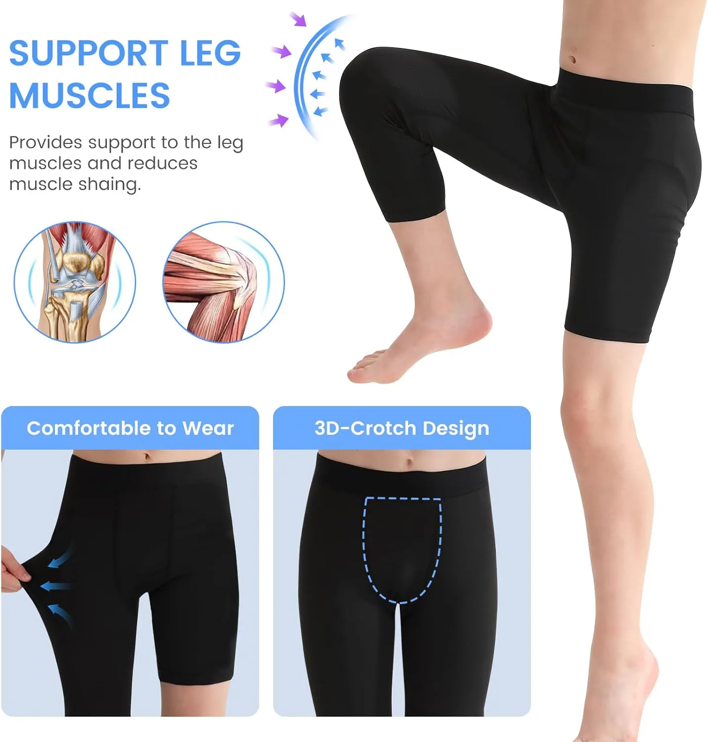 2 Pack Boys Youth One Leg 3/4 Compression Pants Tights for Basketball Running Capris Gym Athletic Base Layer Leggings