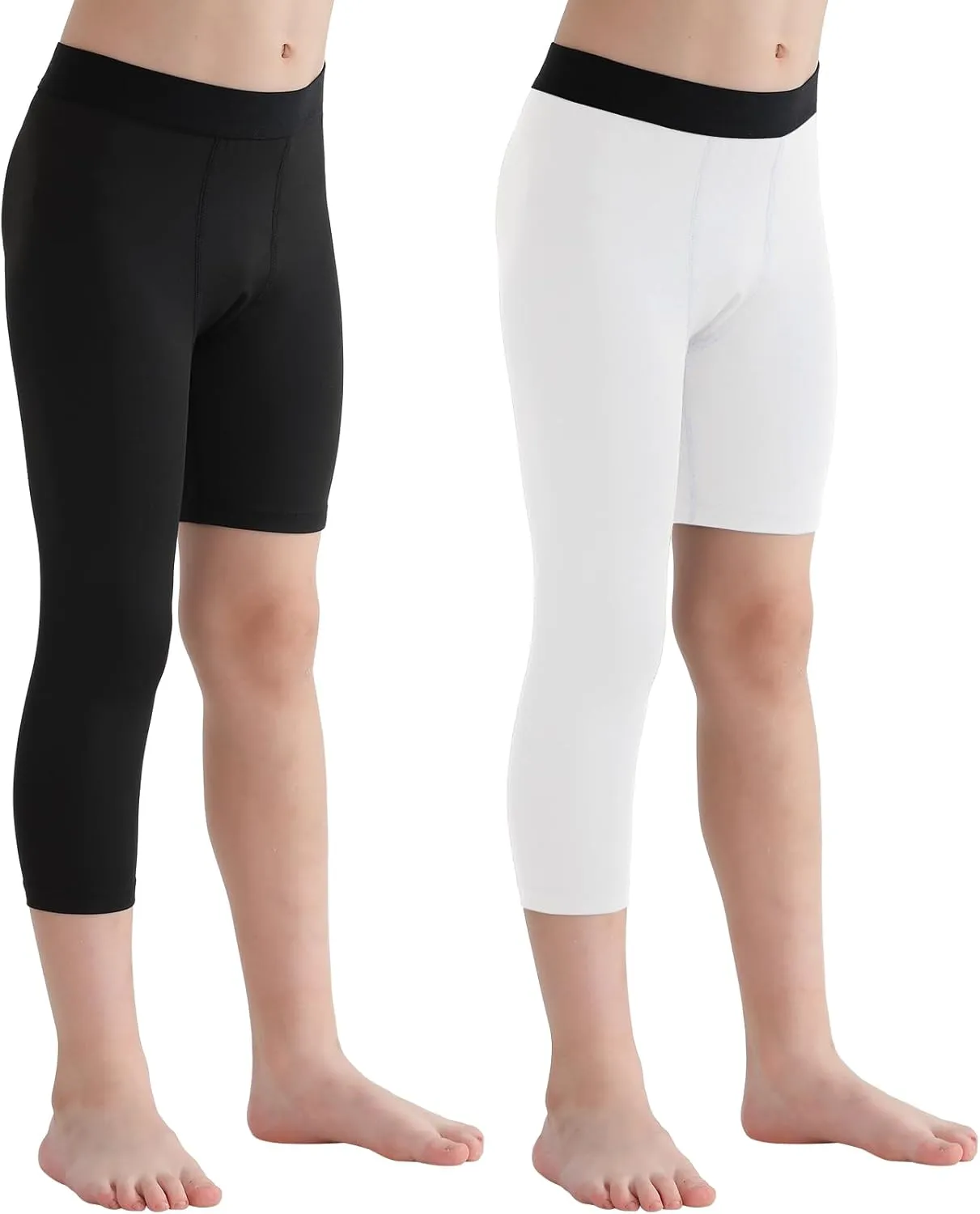 2 Pack Boys Youth One Leg 3/4 Compression Pants Tights for Basketball Running Capris Gym Athletic Base Layer Leggings