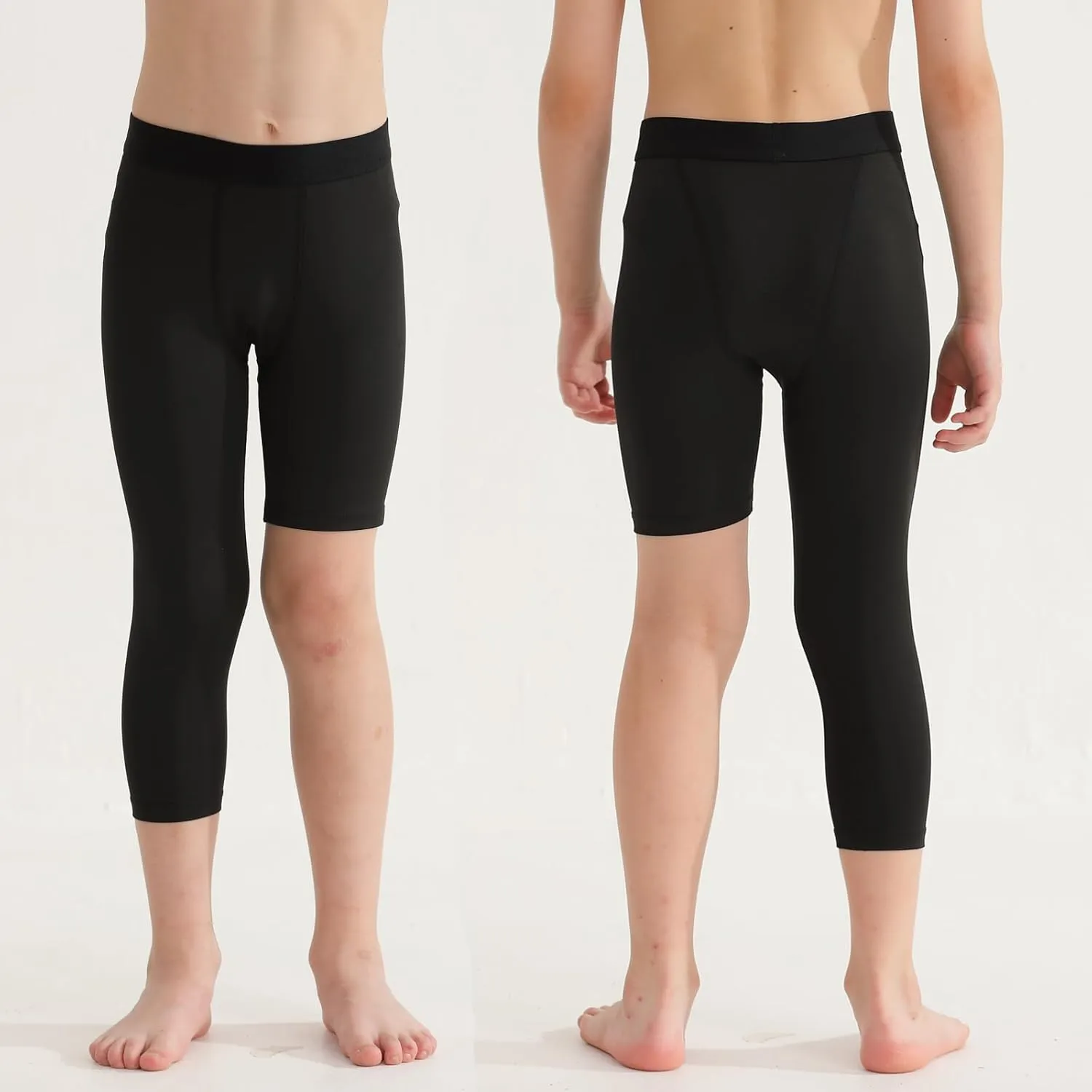 2 Pack Boys Youth One Leg 3/4 Compression Pants Tights for Basketball Running Capris Gym Athletic Base Layer Leggings