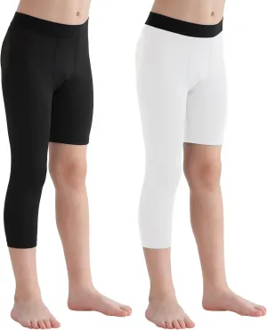 2 Pack Boys Youth One Leg 3/4 Compression Pants Tights for Basketball Running Capris Gym Athletic Base Layer Leggings