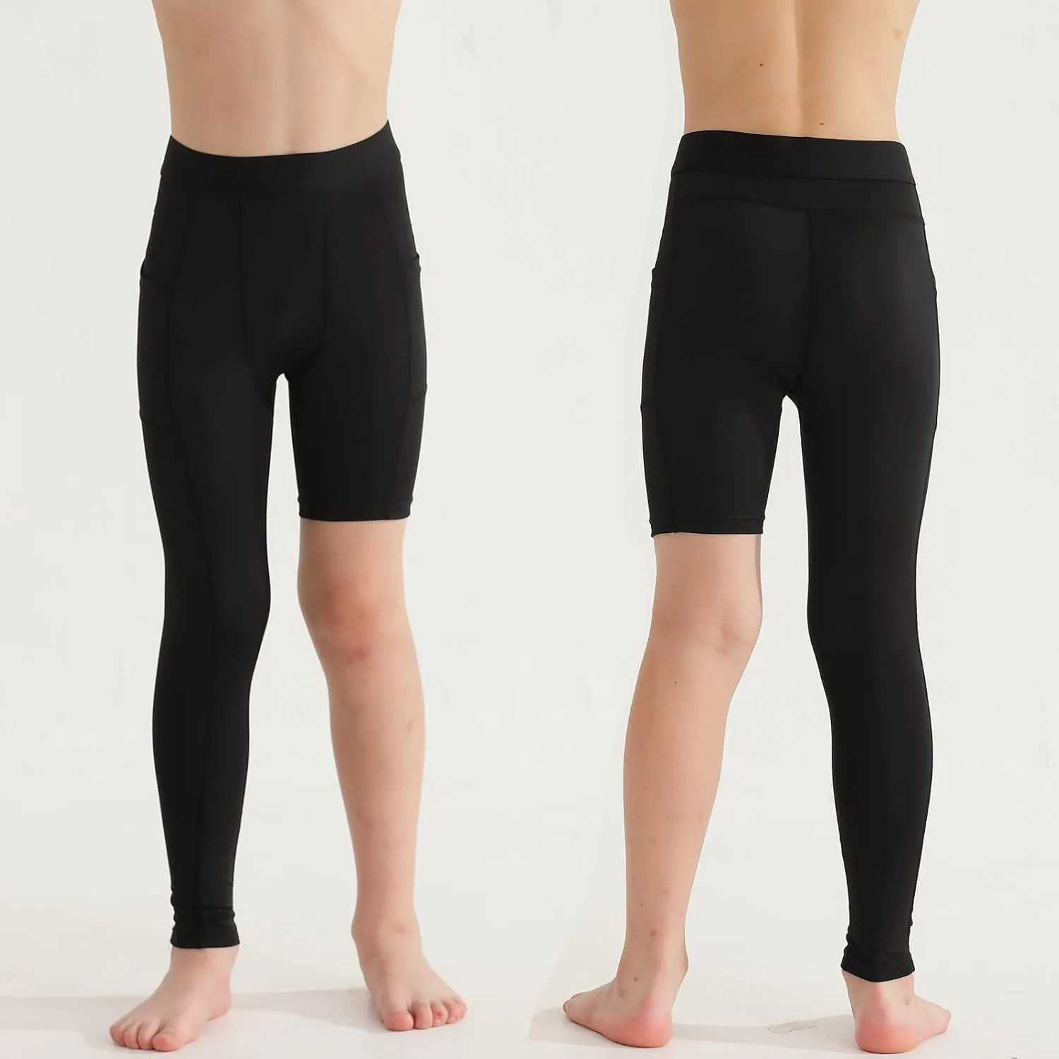2 Pack Boys Youth One Leg 3/4 Compression Pants Tights for Basketball Running Capris Gym Athletic Base Layer Leggings