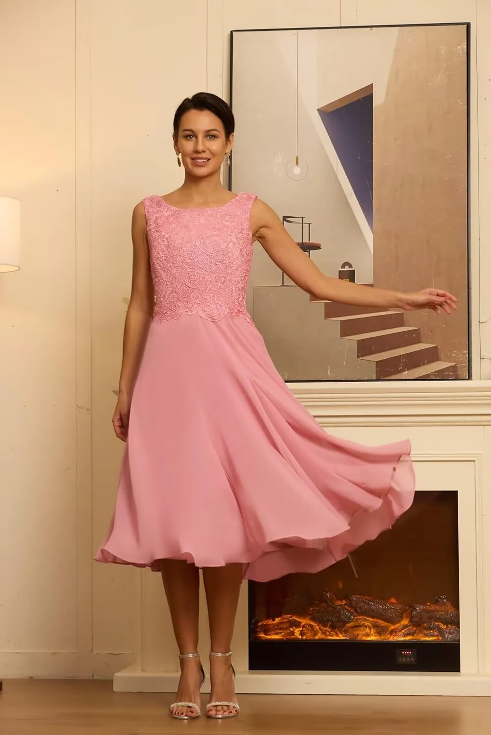 2 Pieces Mother of The Bride Dress Chiffon Laces Applique Formal Evening Gown Scoop Neck Long Sleeve Party Dress