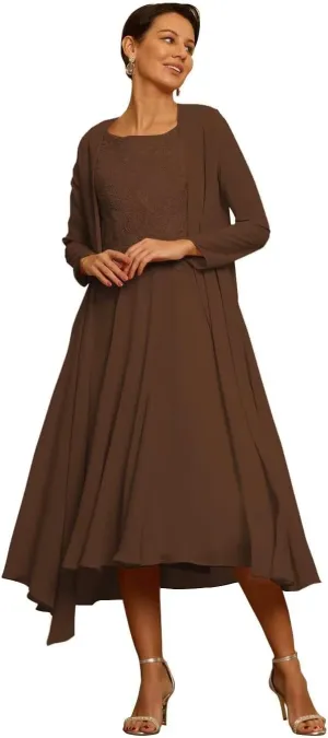 2 Pieces Mother of The Bride Dress Chiffon Laces Applique Formal Evening Gown Scoop Neck Long Sleeve Party Dress