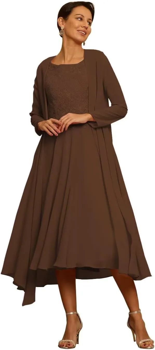 2 Pieces Mother of The Bride Dress Chiffon Laces Applique Formal Evening Gown Scoop Neck Long Sleeve Party Dress