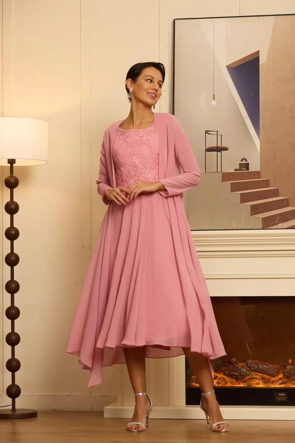 2 Pieces Mother of The Bride Dress Chiffon Laces Applique Formal Evening Gown Scoop Neck Long Sleeve Party Dress