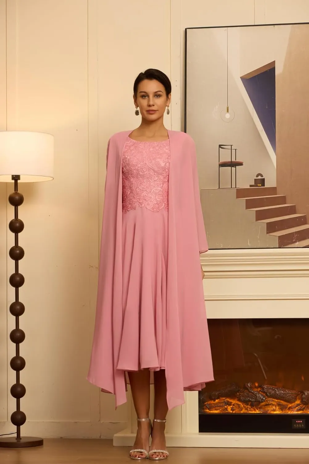 2 Pieces Mother of The Bride Dress Chiffon Laces Applique Formal Evening Gown Scoop Neck Long Sleeve Party Dress