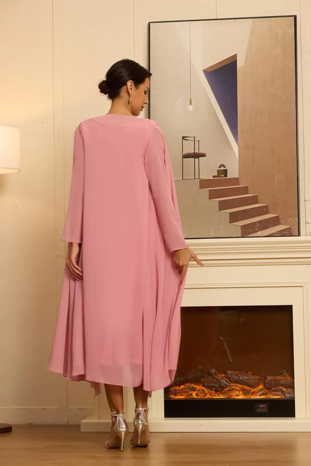 2 Pieces Mother of The Bride Dress Chiffon Laces Applique Formal Evening Gown Scoop Neck Long Sleeve Party Dress