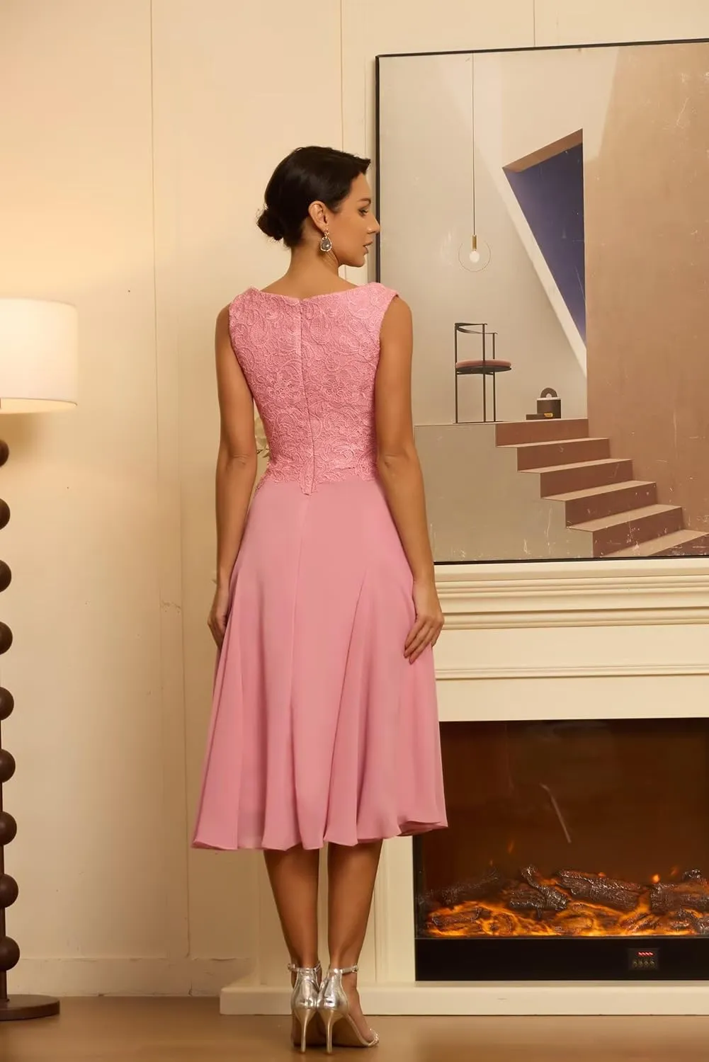 2 Pieces Mother of The Bride Dress Chiffon Laces Applique Formal Evening Gown Scoop Neck Long Sleeve Party Dress