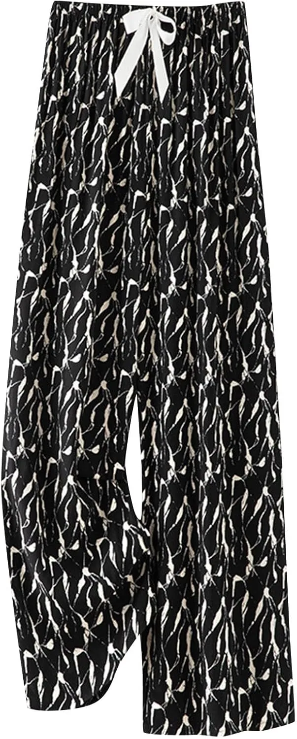 2024 Floral Printed Pants Women Casual Baggy Wide Leg Lounge Pants Loose Comfy Lightweight Elastic Waist Trousers with Pocket