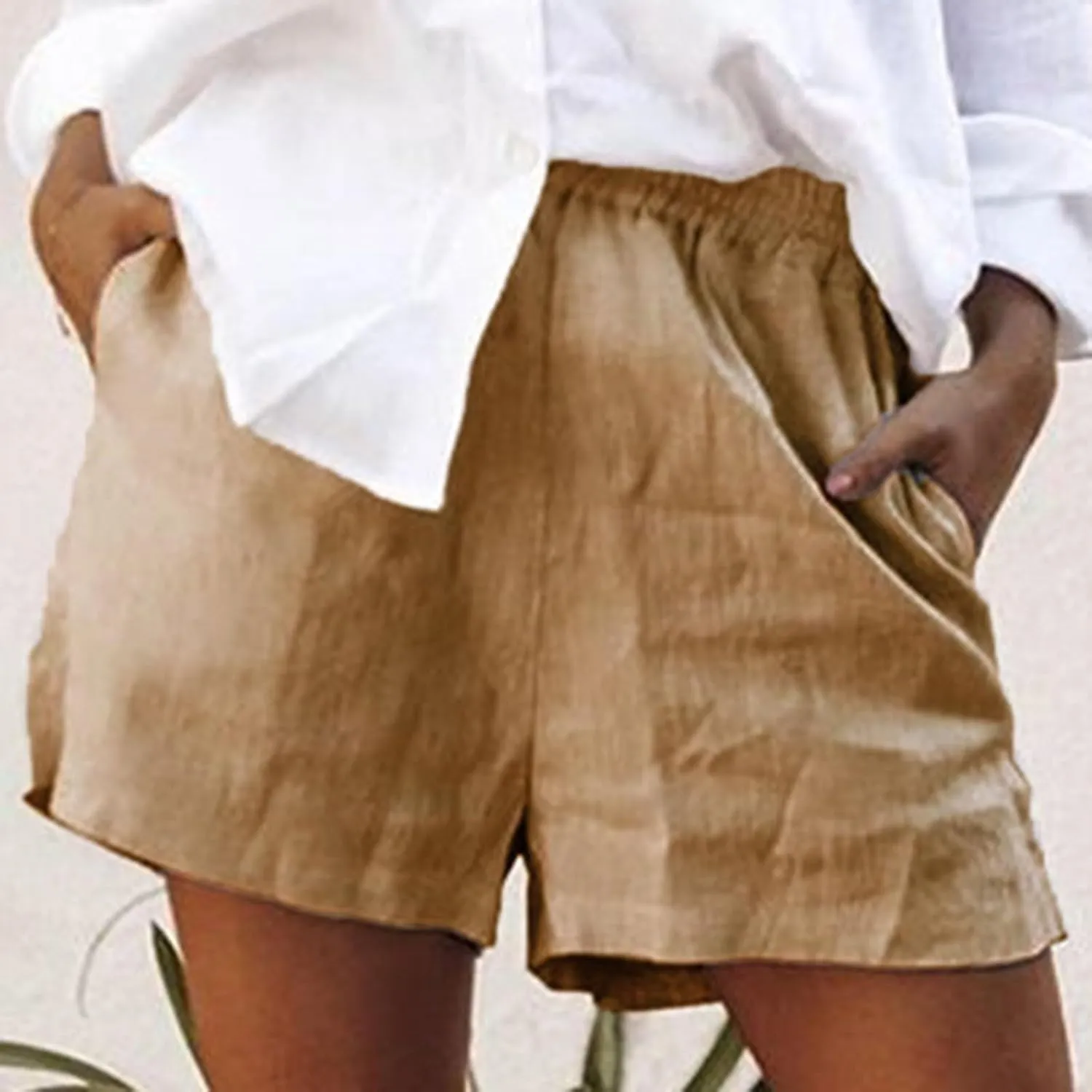 2024 Linen Shorts for Women Trendy Summer Solid Wide Leg Pants Casual Elastic Waist Lounge Trousers with Pockets