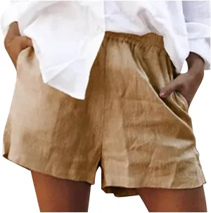 2024 Linen Shorts for Women Trendy Summer Solid Wide Leg Pants Casual Elastic Waist Lounge Trousers with Pockets