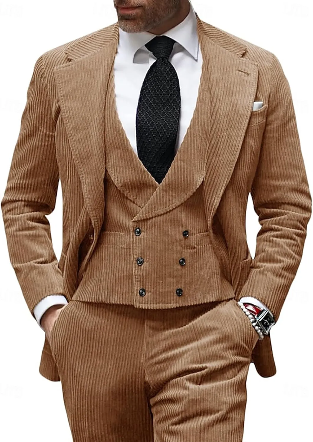 3 Piece Men's Corduroy Suits Slim Fit Suits for Men Double Breasted Blazer Vest Pants Set Wedding Prom Tuxedo Suits