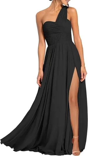 A Line Sexy Evening Dress Solid Chiffon Floor Length One Shoulder Sleevesless Cocktail Dress with Pleats 2025