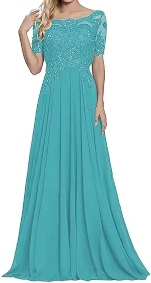 A Line Vintage Evening Dress Chiffon Floor Length Scoop Neck Short Sleeves Formal Dress with Beading Sequins 2025