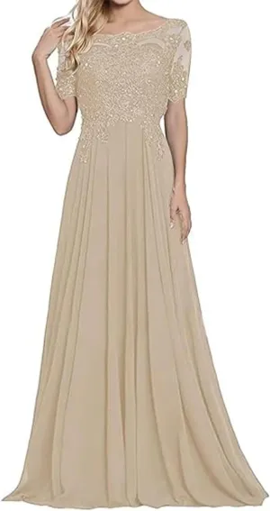 A Line Vintage Evening Dress Chiffon Floor Length Scoop Neck Short Sleeves Formal Dress with Beading Sequins 2025