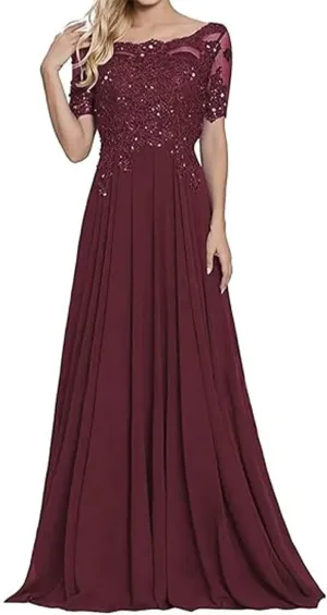 A Line Vintage Evening Dress Chiffon Floor Length Scoop Neck Short Sleeves Formal Dress with Beading Sequins 2025