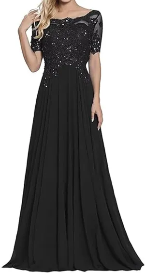 A Line Vintage Evening Dress Chiffon Floor Length Scoop Neck Short Sleeves Formal Dress with Beading Sequins 2025
