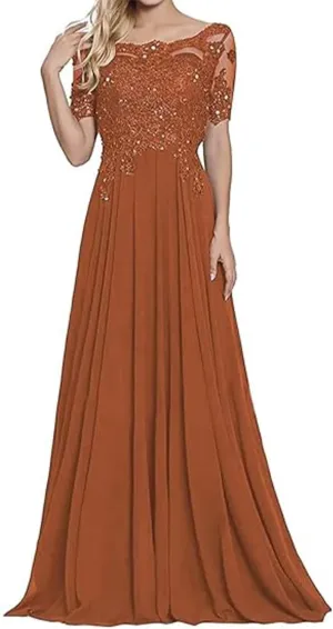 A Line Vintage Evening Dress Chiffon Floor Length Scoop Neck Short Sleeves Formal Dress with Beading Sequins 2025
