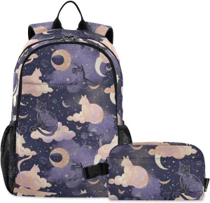 ALAZA Cat Moon Star Witchy Backpack and Lunch Bag Set Back Pack Bookbag Cooler Case Kits
