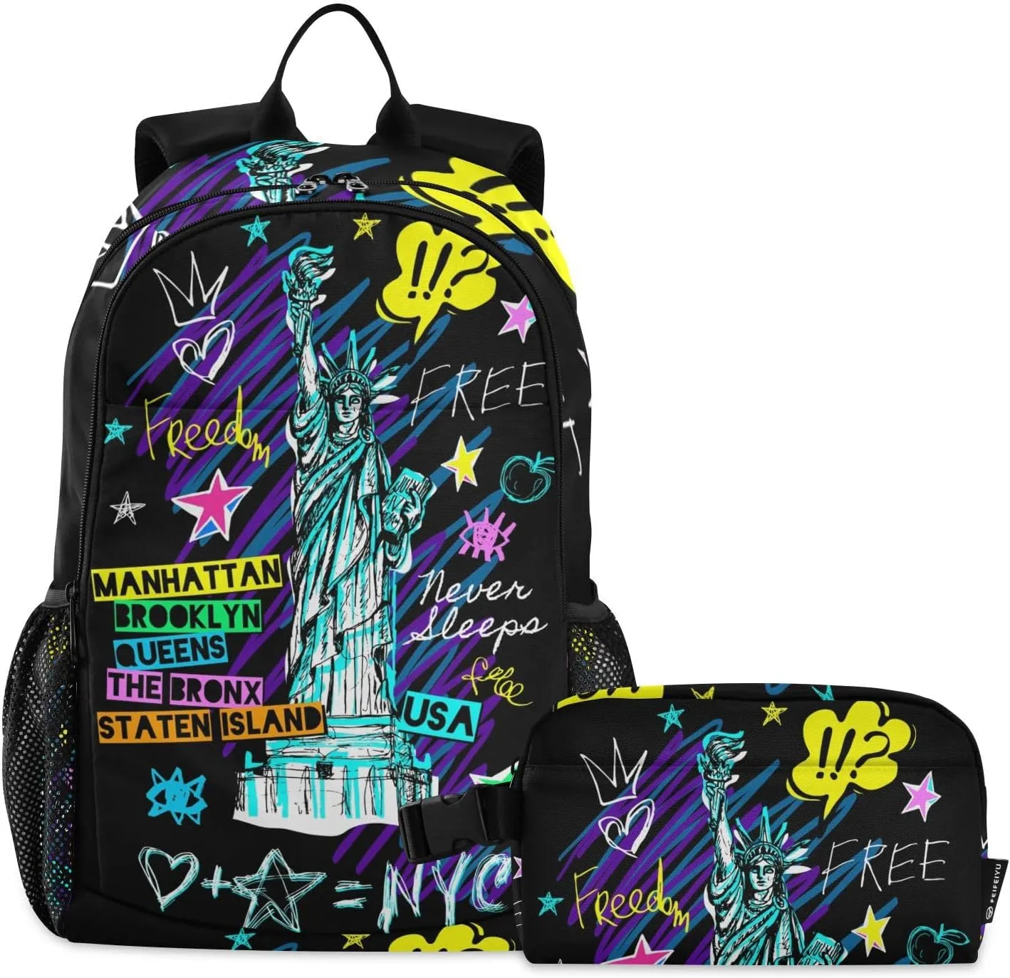 ALAZA New York Nyc Statue Of Liberty Doodles Backpack and Lunch Bag Set Back Pack Bookbag Cooler Case Kits