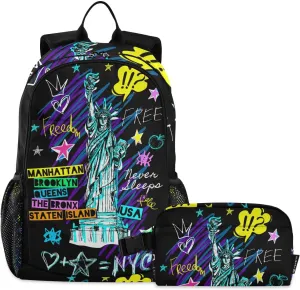 ALAZA New York Nyc Statue Of Liberty Doodles Backpack and Lunch Bag Set Back Pack Bookbag Cooler Case Kits