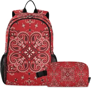 ALAZA Paisley Bandana Boho Red Backpack and Lunch Bag Set Back Pack Bookbag Cooler Case Kits