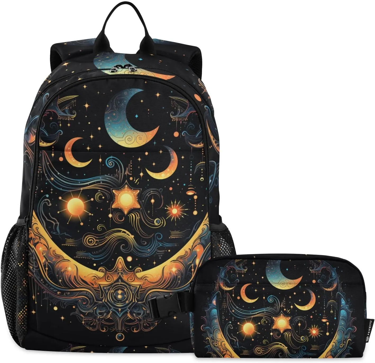 ALAZA Sun Moon Stars Alchemy Witchy Backpack and Lunch Bag Set Back Pack Bookbag Cooler Case Kits