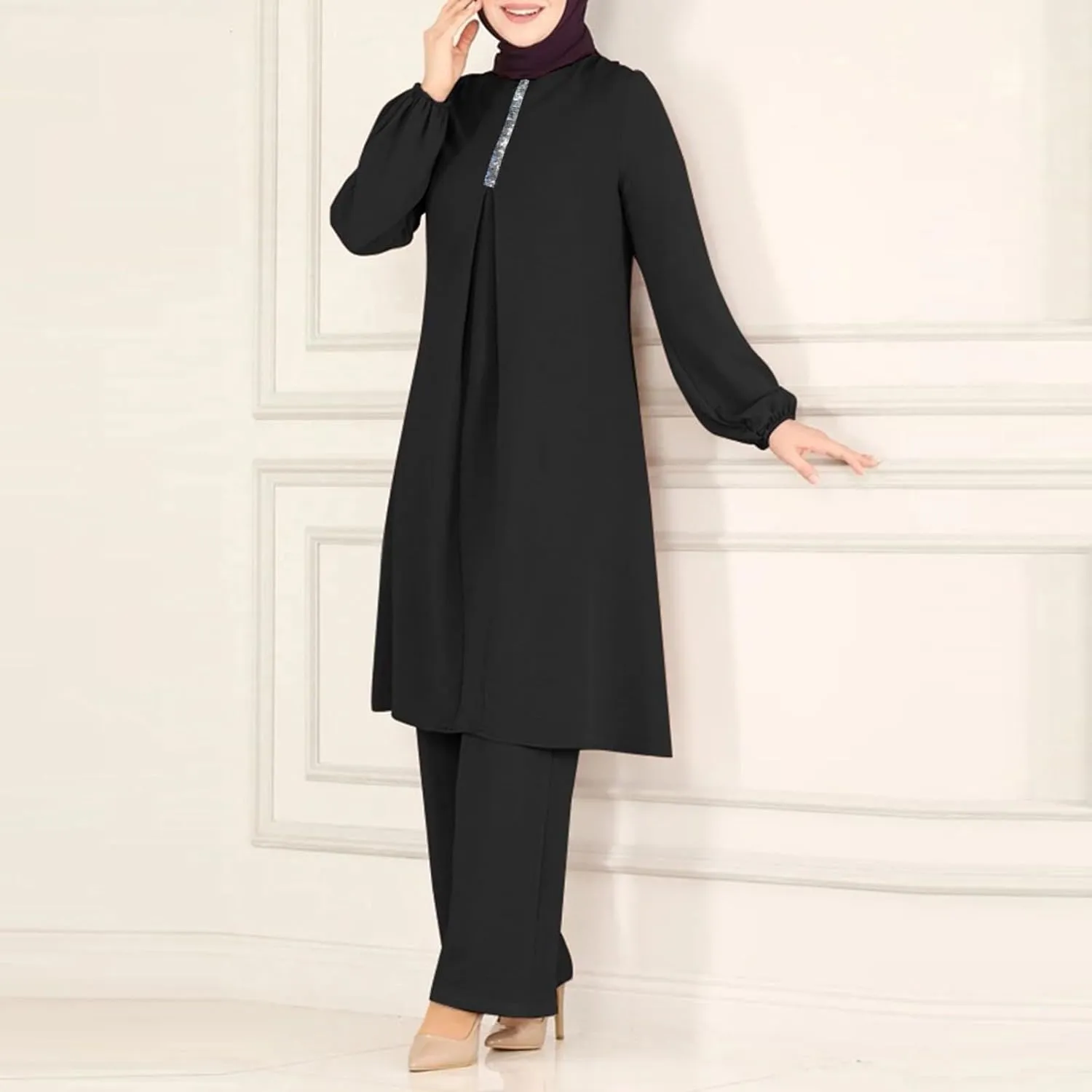 Aniywn Muslim Casual 2 Piece Set for Women Long Sleeve Loose Top Wide Leg Pants Suit Plus Size Outfit Prayer Clothes No Hijab