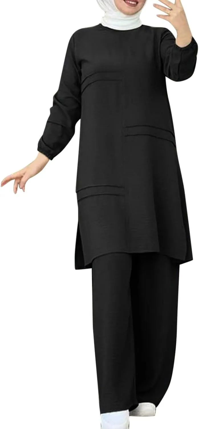 Aniywn Muslim Casual 2 Piece Set for Women Long Sleeve Loose Top Wide Leg Pants Suit Plus Size Outfit Prayer Clothes No Hijab
