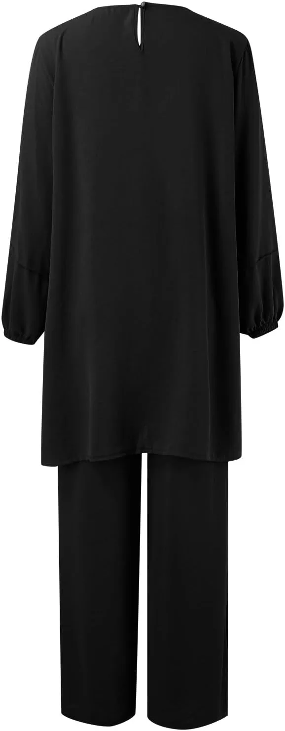 Aniywn Muslim Casual 2 Piece Set for Women Long Sleeve Loose Top Wide Leg Pants Suit Plus Size Outfit Prayer Clothes No Hijab