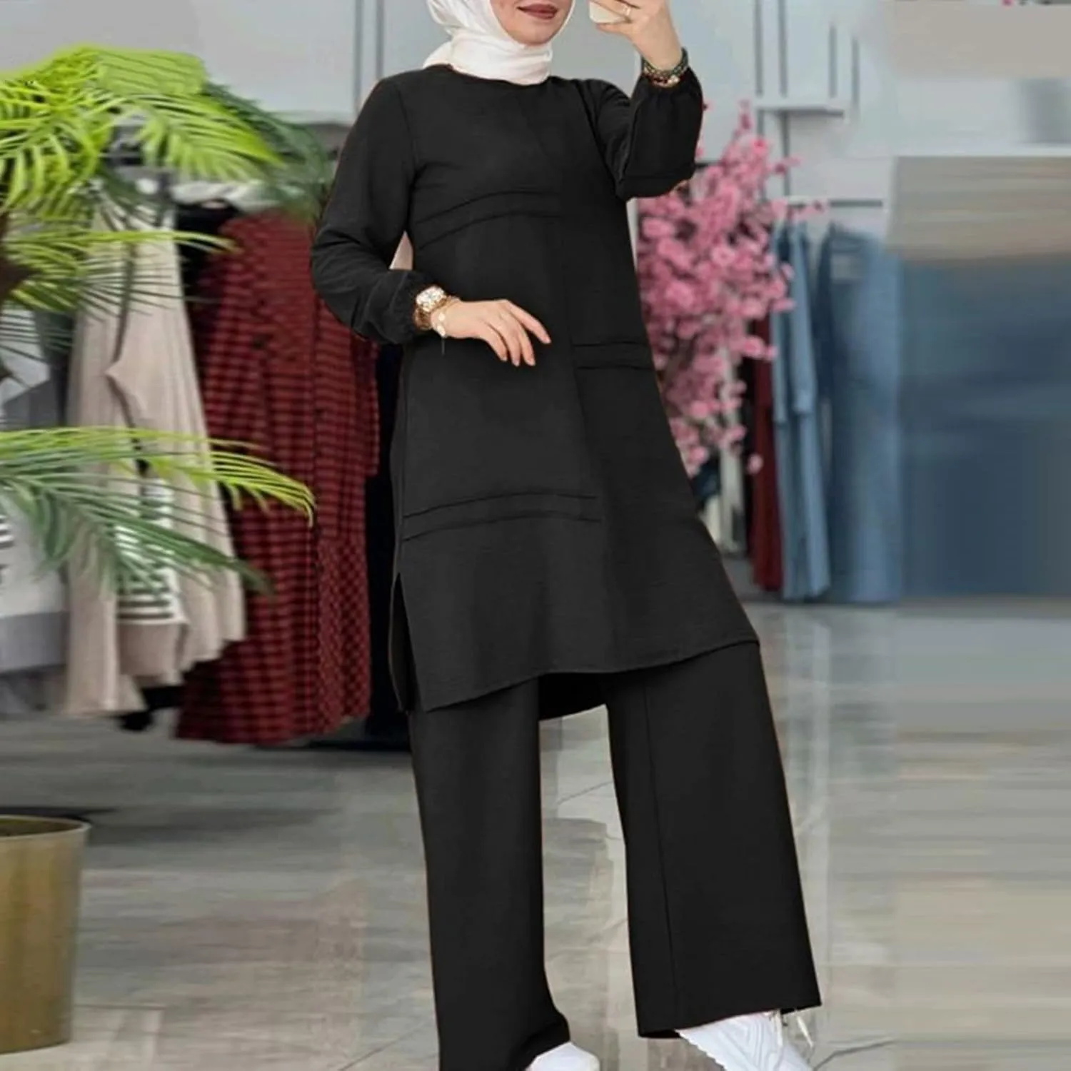 Aniywn Muslim Casual 2 Piece Set for Women Long Sleeve Loose Top Wide Leg Pants Suit Plus Size Outfit Prayer Clothes No Hijab