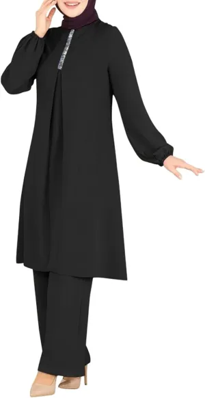 Aniywn Muslim Casual 2 Piece Set for Women Long Sleeve Loose Top Wide Leg Pants Suit Plus Size Outfit Prayer Clothes No Hijab