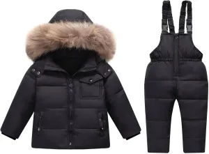 Baby Snowsuit Toddler Winter Hooded Artificial Fur Down Boys Girls Jacket Coat and Ski Bib Pants Warm Fashion Outwear