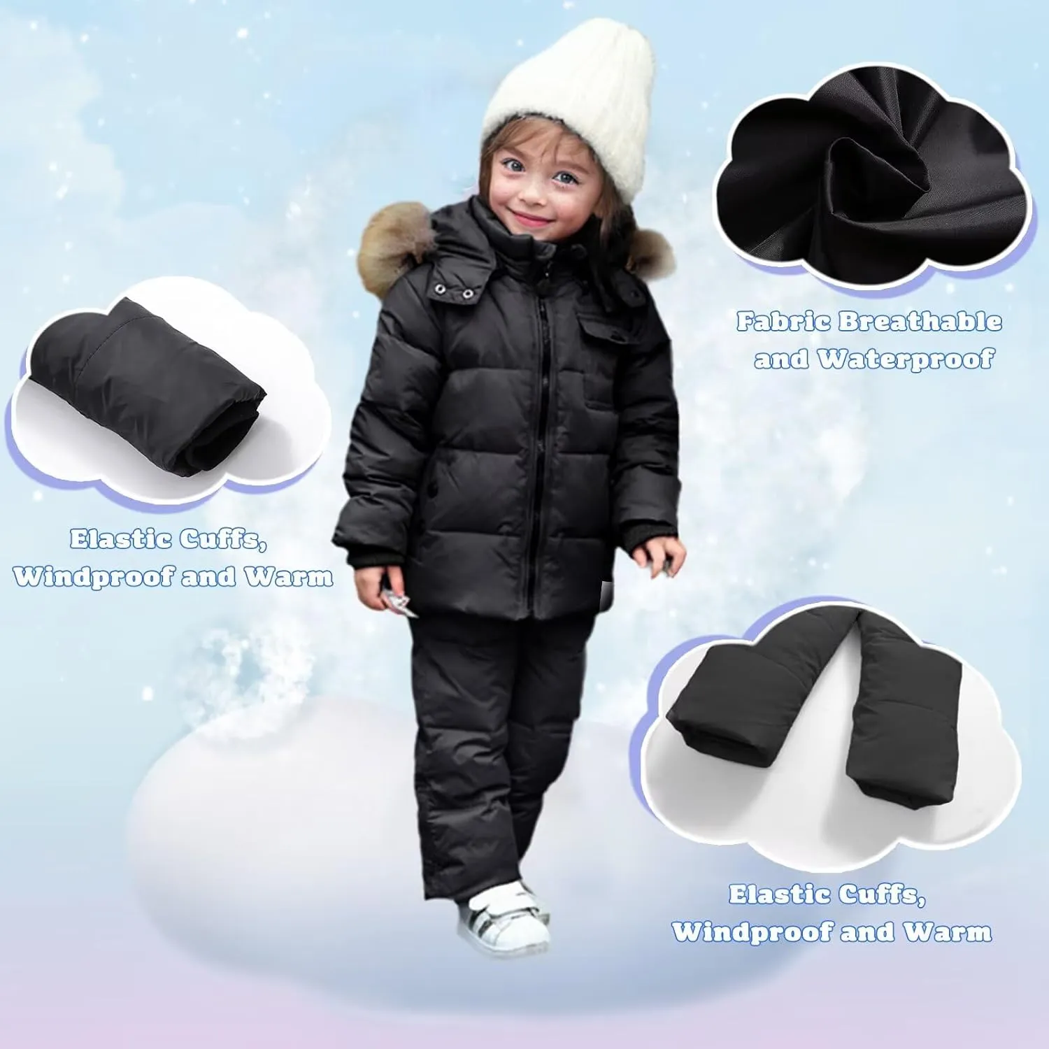 Baby Snowsuit Toddler Winter Hooded Artificial Fur Down Boys Girls Jacket Coat and Ski Bib Pants Warm Fashion Outwear