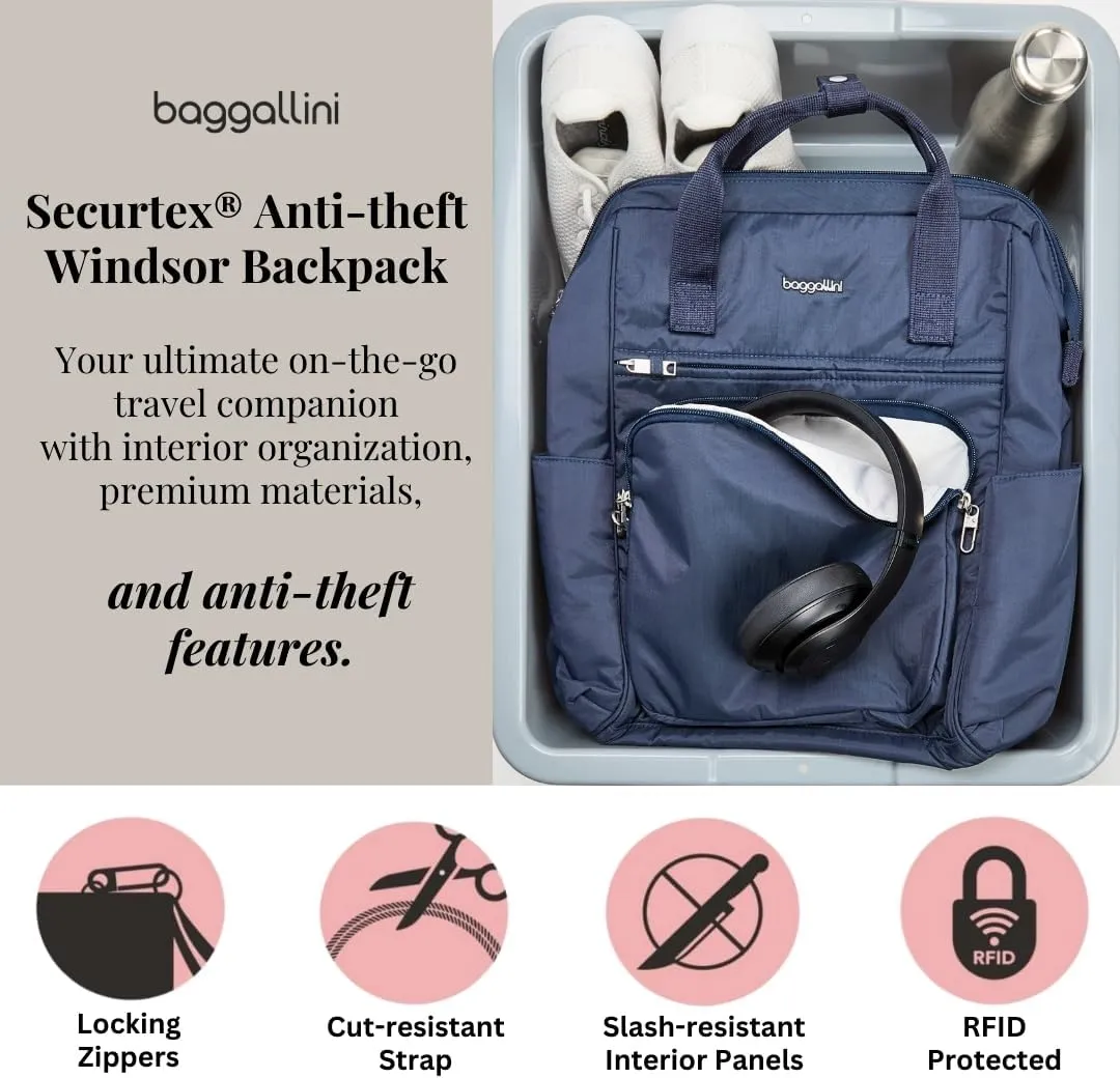 Baggallini Securtex Anti-Theft Windsor Backpack for Travel, Work & Collage, RFID & Locking Zipper, Up to 16" Laptop