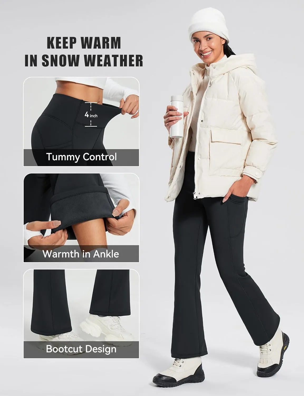 baleaf Women's Thick Fleece Lined Leggings Winter Warm Thermal Tummy Control Flare Yoga Pants Pockets Bootcut Snow Ski Pants