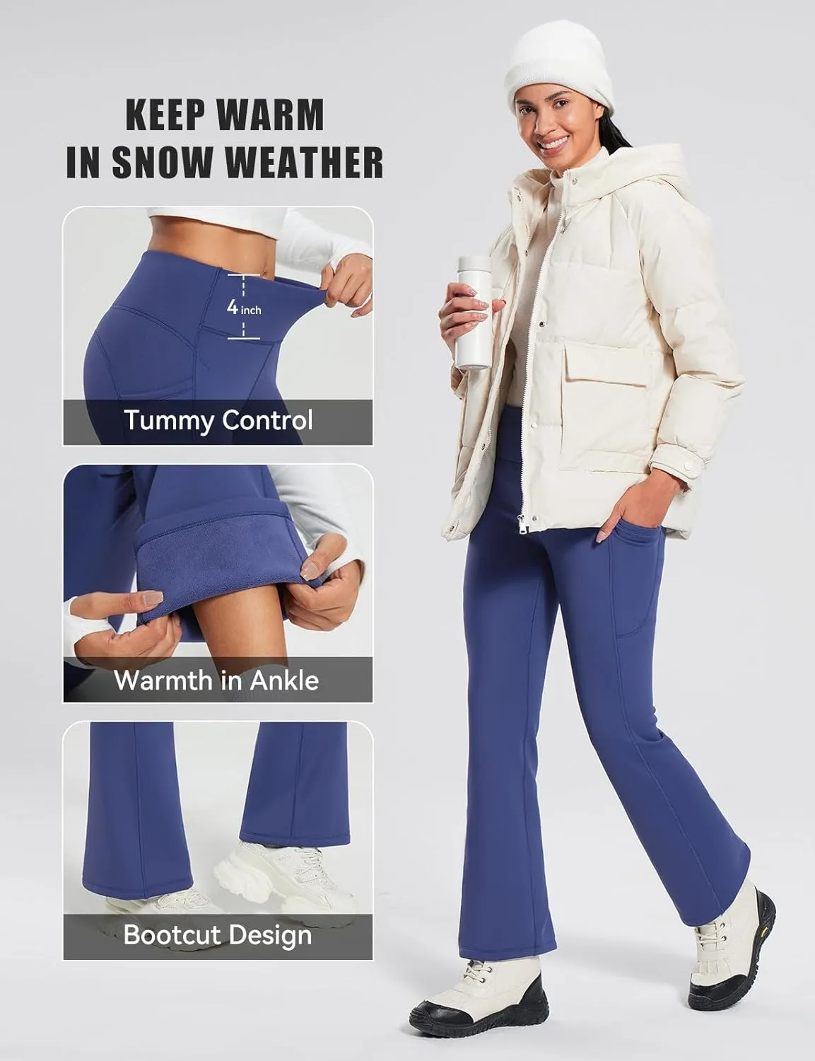 baleaf Women's Thick Fleece Lined Leggings Winter Warm Thermal Tummy Control Flare Yoga Pants Pockets Bootcut Snow Ski Pants
