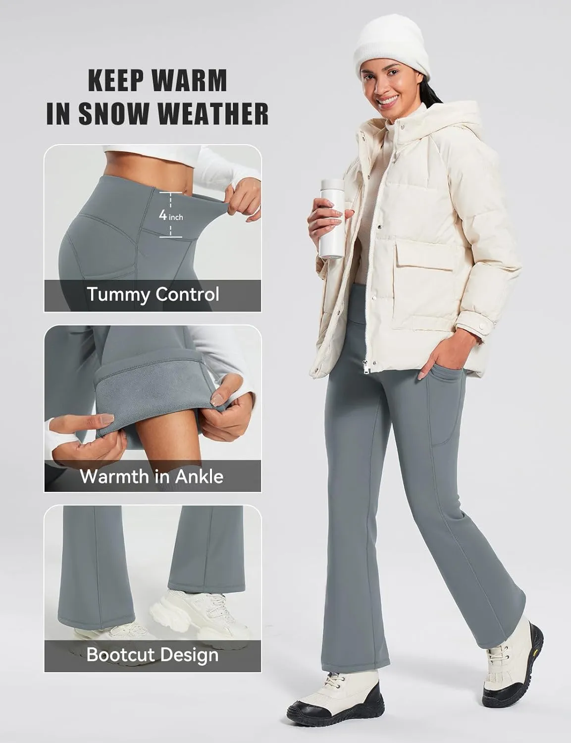 baleaf Women's Thick Fleece Lined Leggings Winter Warm Thermal Tummy Control Flare Yoga Pants Pockets Bootcut Snow Ski Pants