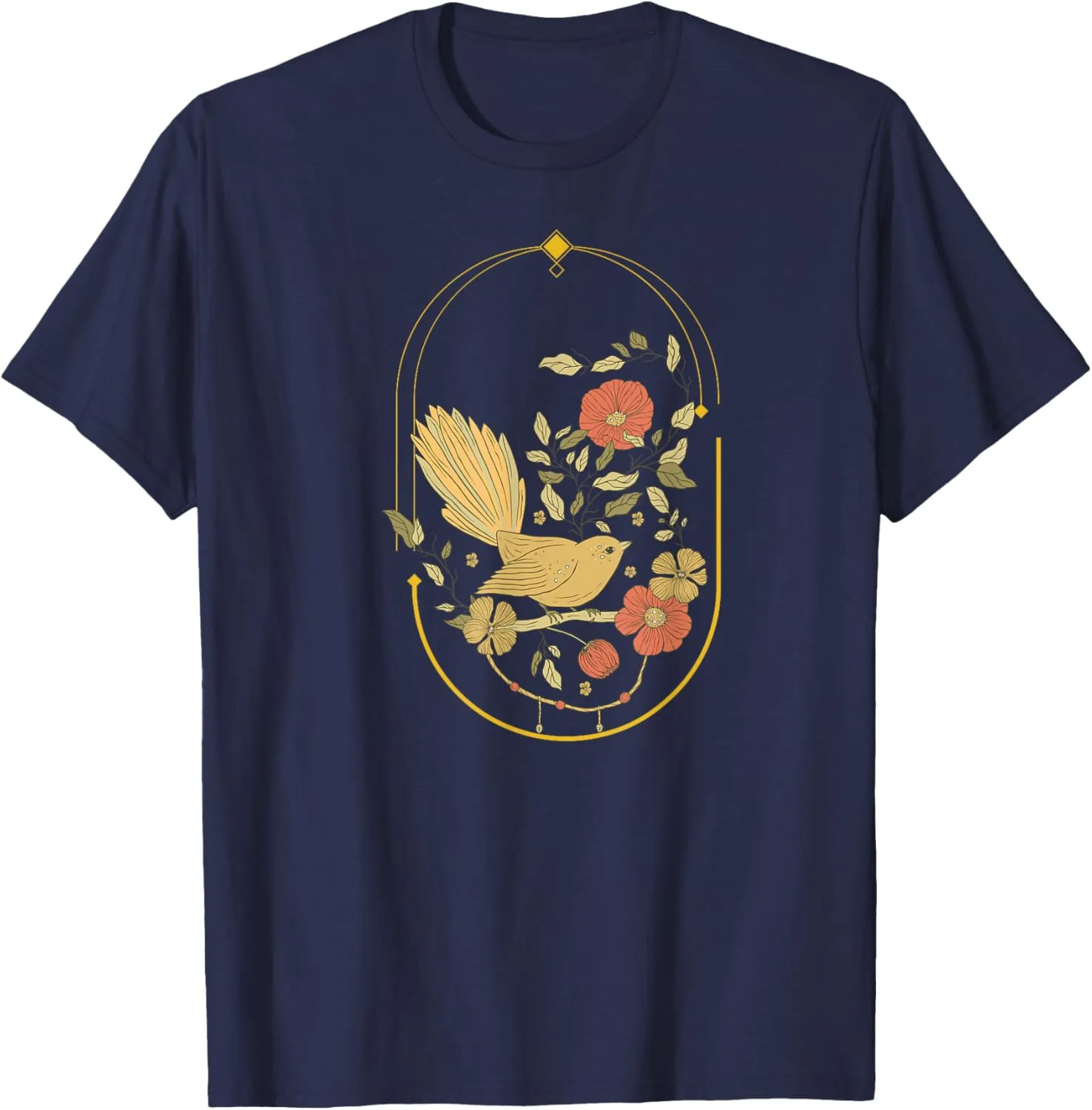 Boho Bird n Flowers T-Shirt, Blue, Women's, Small, Short Sleeve, Classic Fit
