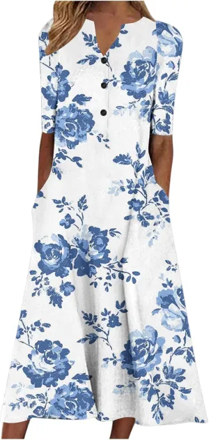 Boho Dresses for Women 2025 Summer Casual Short Sleeve Long Dress Floral Beach Vacation Sundresses with Pockets