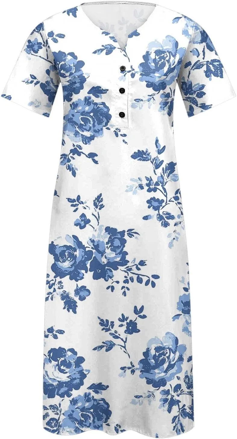Boho Dresses for Women 2025 Summer Casual Short Sleeve Long Dress Floral Beach Vacation Sundresses with Pockets