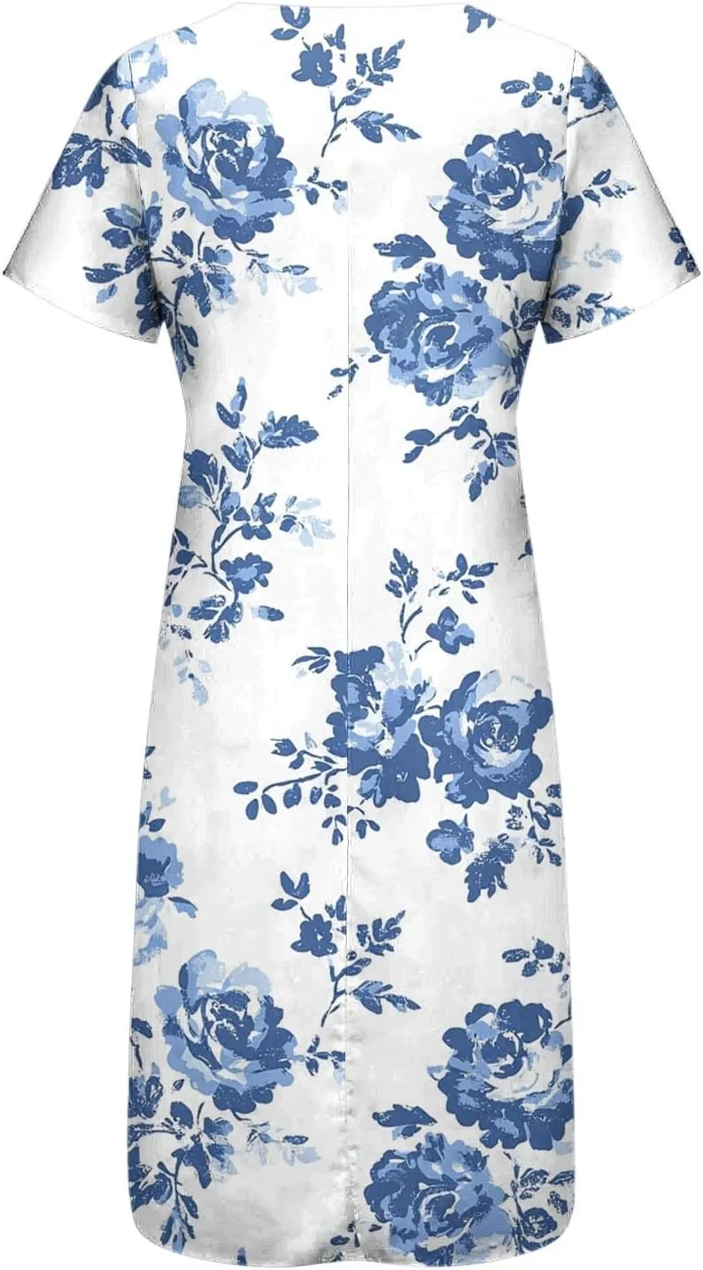 Boho Dresses for Women 2025 Summer Casual Short Sleeve Long Dress Floral Beach Vacation Sundresses with Pockets
