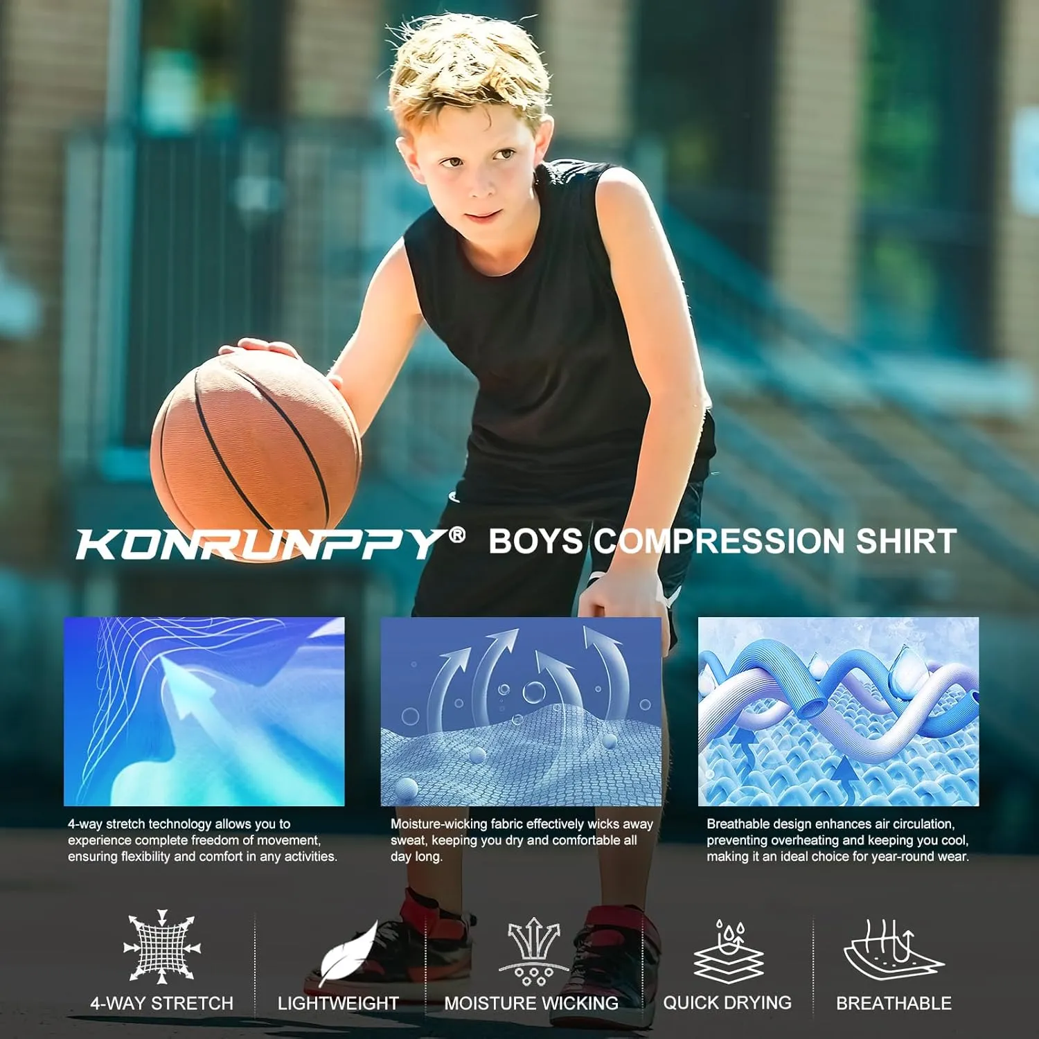 Boys Sleeveless Compression Shirt Qucik Dry Athletic Tank Tops Youth Kids Basketball Football Undershirt Workout