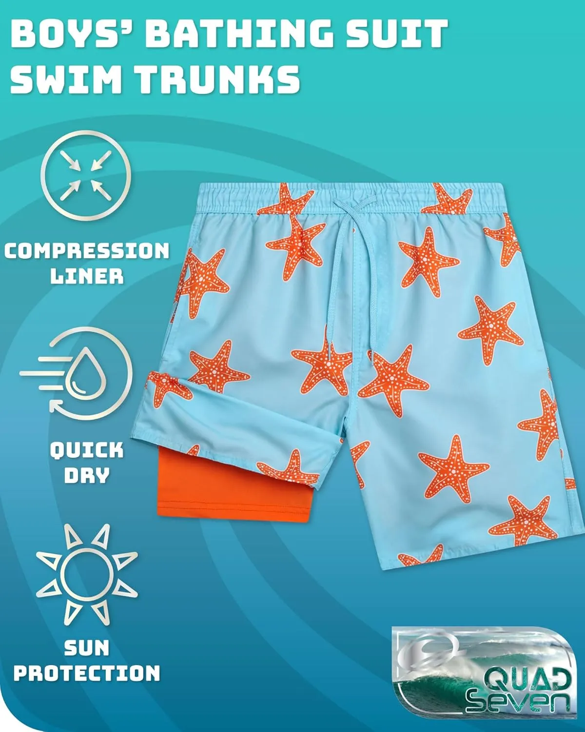 Boys Swim Trunks with Compression Liner Quick Dry Bathing Suit Swim Shorts (Sizes: 8-14)
