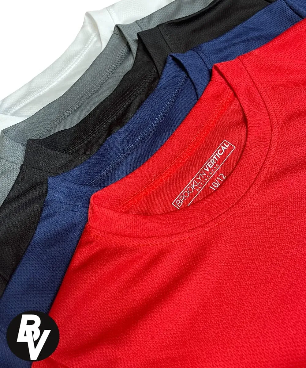 BROOKLYN VERTICAL Boys 5-Pack Quick Dry Moisture Wicking Active Athletic Performance Crewneck T-Shirt