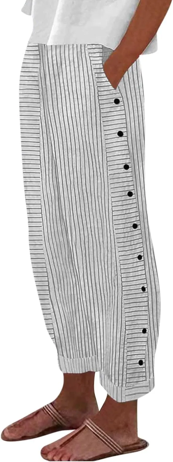 Button Striped Linen Pants Women Elastic High Waist Wide Leg Pants Summer Lightweight Beach Lounge Trousers w/Pockets