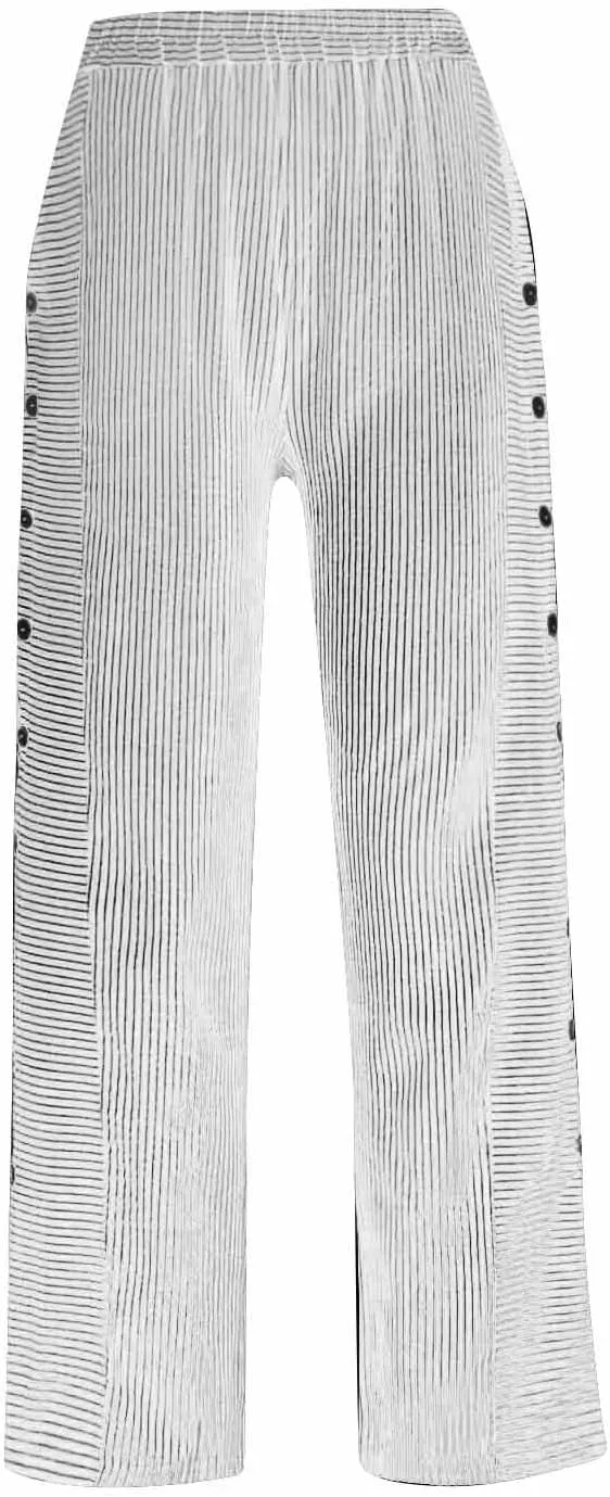 Button Striped Linen Pants Women Elastic High Waist Wide Leg Pants Summer Lightweight Beach Lounge Trousers w/Pockets